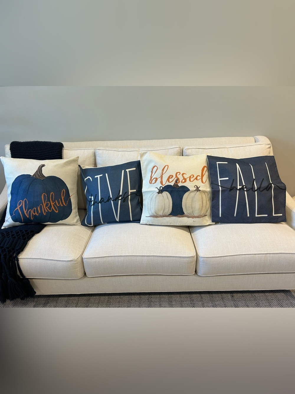 Fall Pillow Covers (4) 20x20” in Blue & Ivory